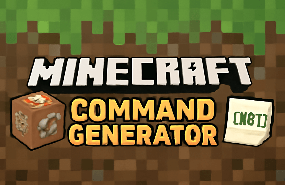 Minecraft Command Generator Interface showing custom command creation tools and NBT data editor